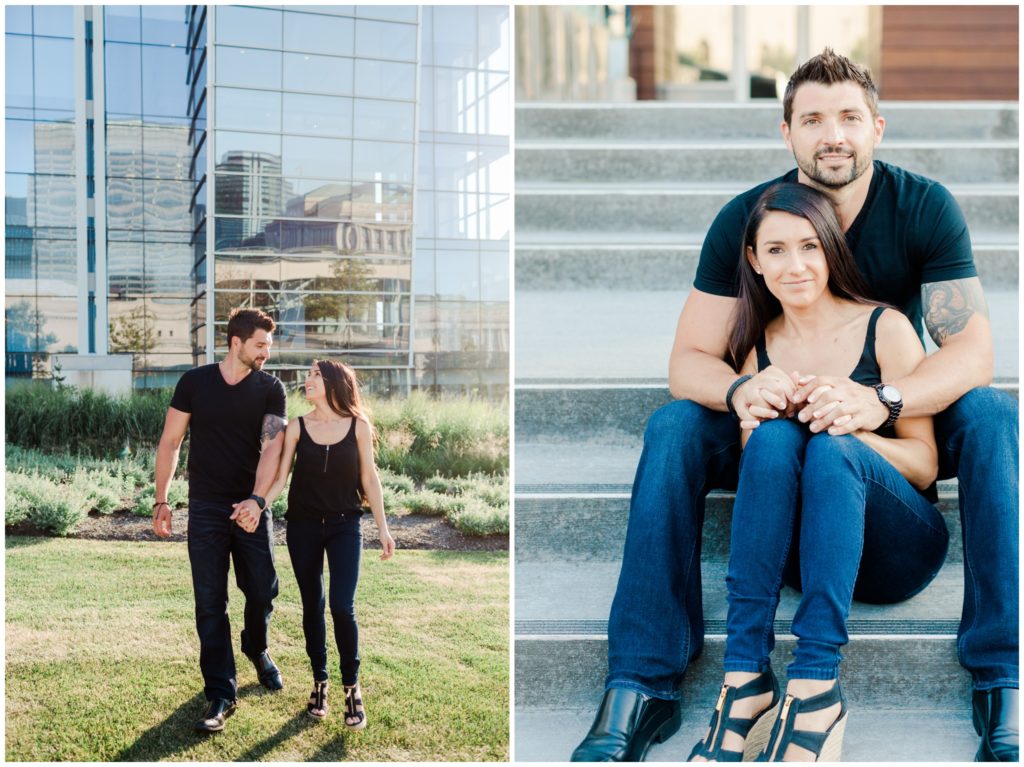 An engaged couple posing on top of the Hilton Hotel for their downtown Cleveland engagement session