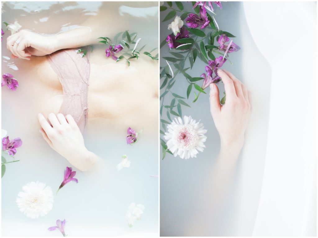 milk bath session with purple and white florals cleveland boudoir photography