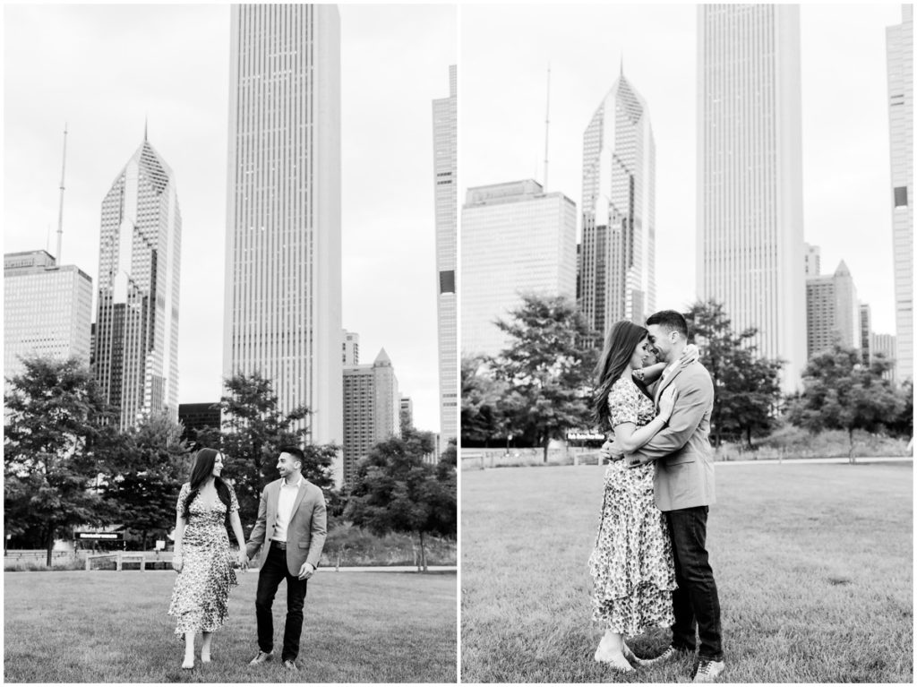 A couple posing for their Chicago engagement session