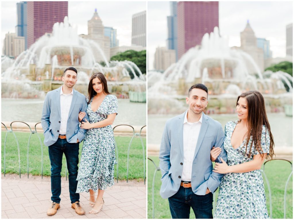 Couple posing in front of grant park fountain for their Chicago engagement session