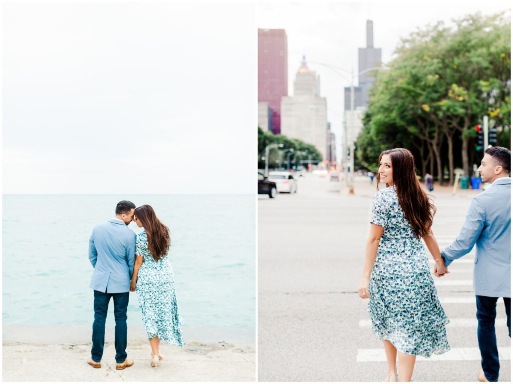 Couple walking the streets of Chicago for their engagement session