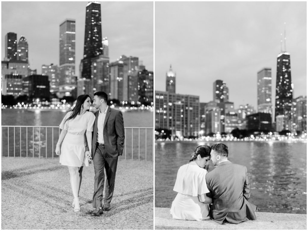 couple posing overlooking the chicago skyline for their chicago engagement session