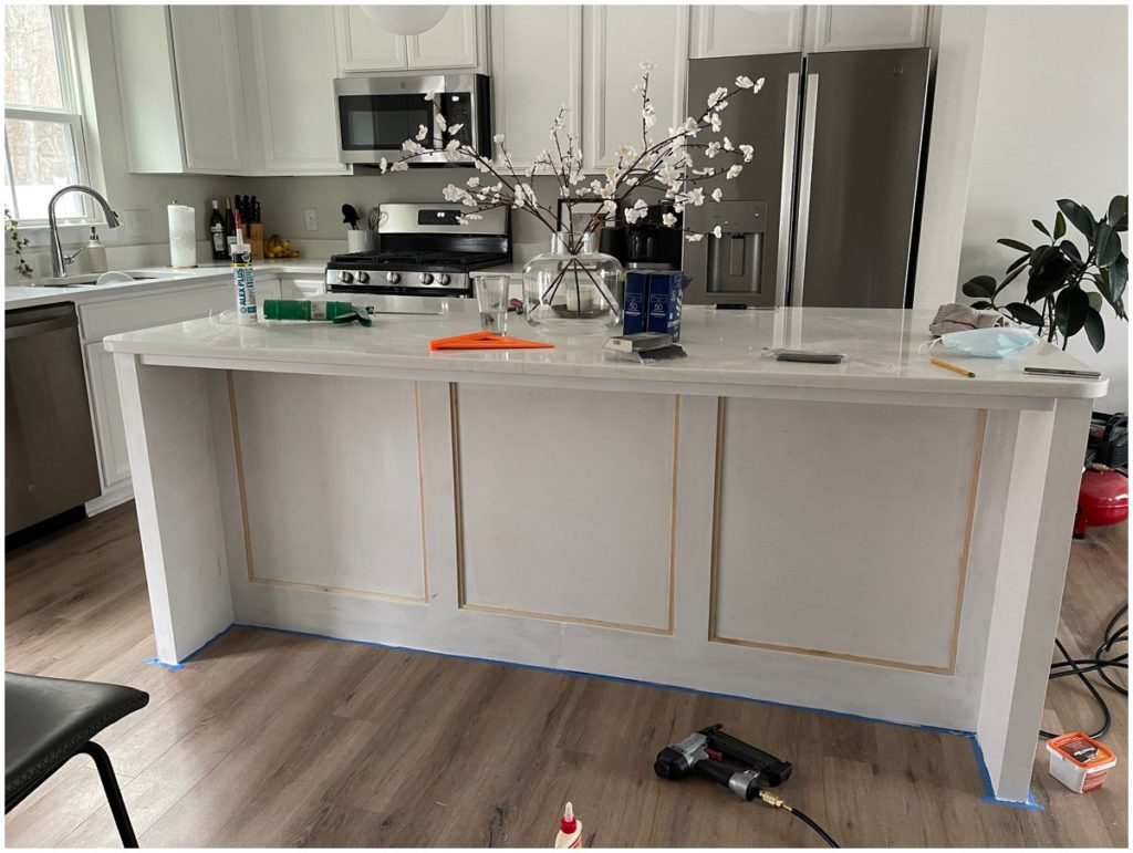 Painting progress photo from our kitchen island makeover
