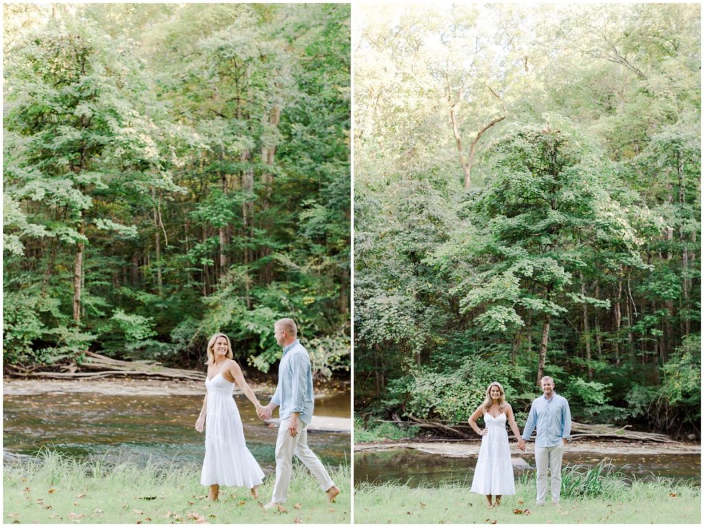 couple walking along a river for their chagrin falls engagement session