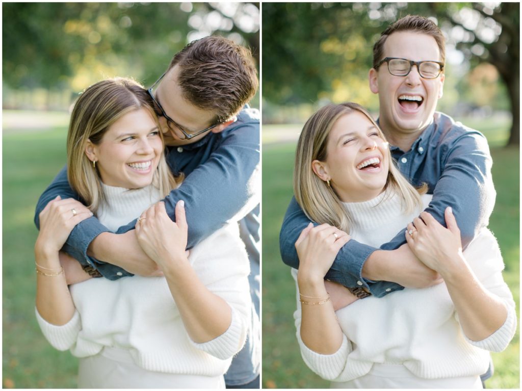 Couple posing and laughing in Lakewood Park for their Cleveland Engagement Session