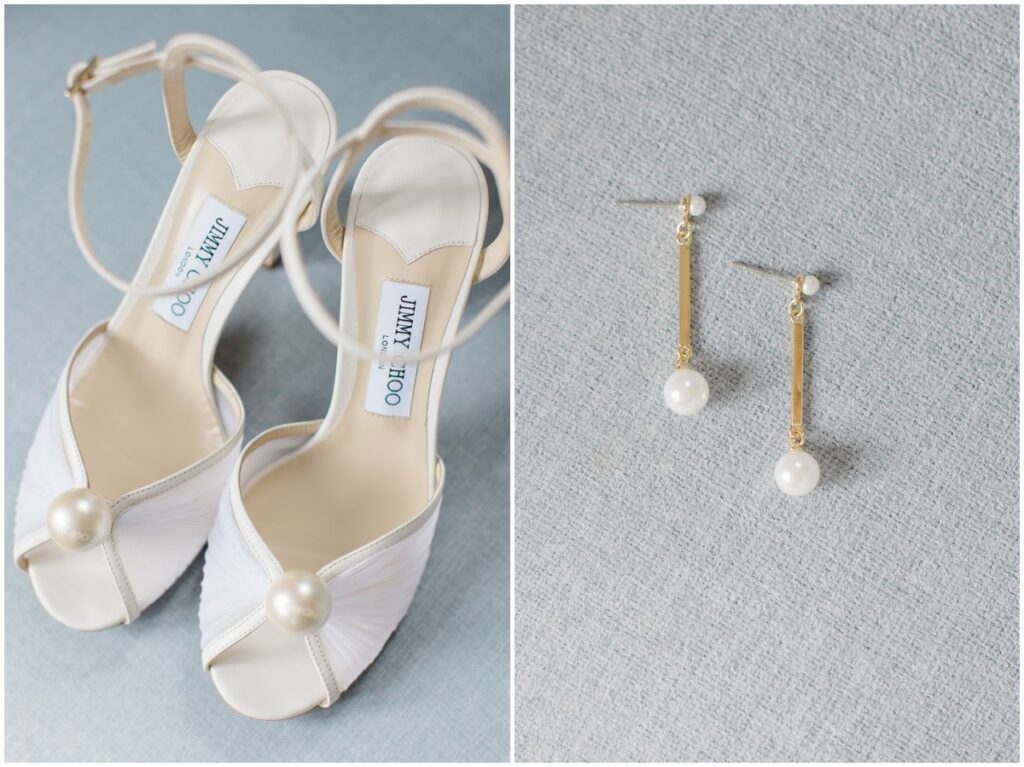 Details photos of a brides shoes and earrings for her Tudor house at mason's cove wedding