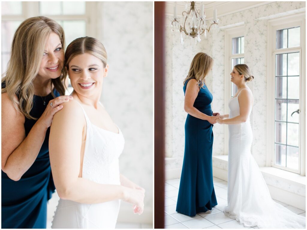 a bride and her mom embracing each other on her wedding day at Tudor house at mason's cove