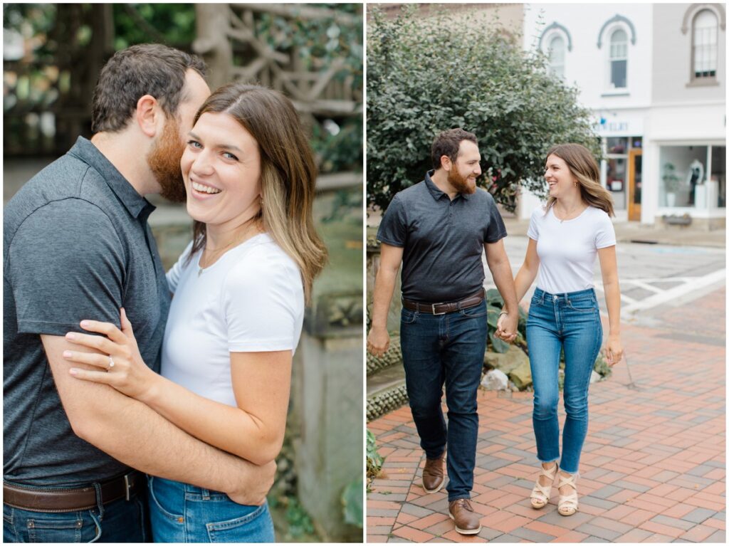 an engaged couple posing for their downtown chagrin falls engagement session